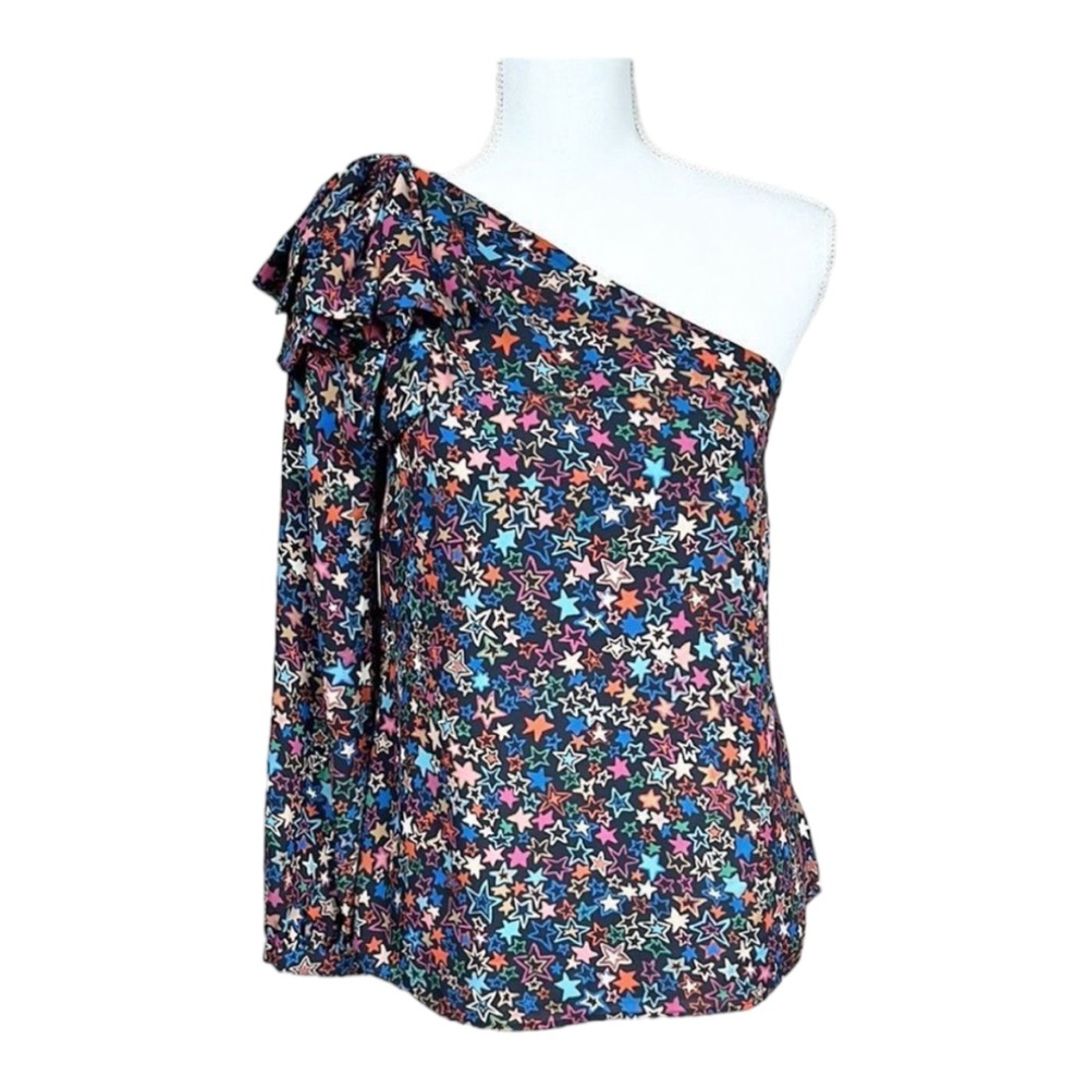 J. Crew Black Multi Color Red Blue Pink Stars One Shoulder Blouse Size 2